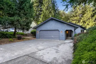 Expansive and level, the wide driveway offers easy access and ample guest parking, bordered by greenery for a secluded feel.