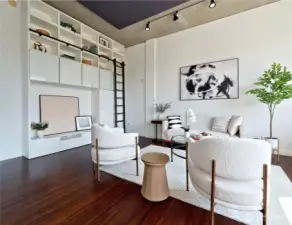 Lots of added storage cabinets with special moving ladder