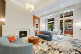 Cozy lobby with fireplace and seating