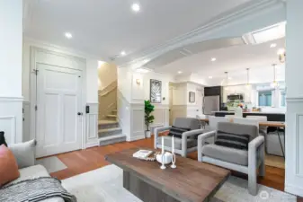 Spacious living and dining has high ceilings and great light.