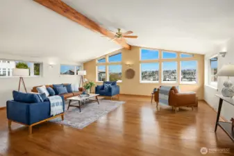 Looking east through the spacious living room.