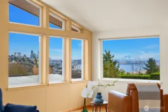 Here it is...Space Needle, Elliott Bay, and Mt. Rainier right out of the Living Room. No wires too. Think about enjoying the 4th of July and New Years Eve fireworks displays in a front row seat!