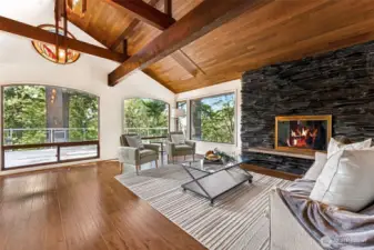 Main floor living room with cozy gas fireplace