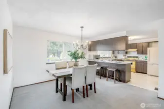 This bright dining space is welcoming and spacious enough for all your dinner parties