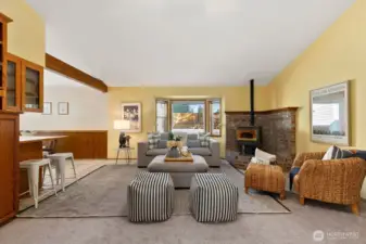This cozy space offers a pellet stove for efficient heating.