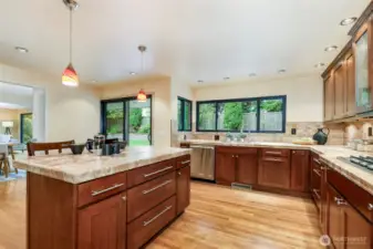 Remodeled gourmet kitchen with large island, gas range, and double ovens in Broadview Seattle home.