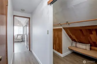 Upper hall to primary suite features TWO closets, one is this massive walk-in!