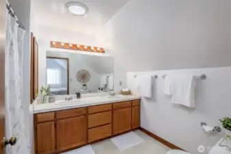 Primary ensuite- full bath, double sinks, solar tube skylight, storage and room to roam!