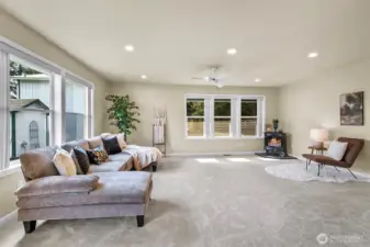 This Family Room has a new free standing gas fireplace