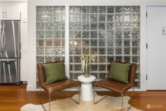 Elegant glass brick block accents provide ample light while maintaining privacy!