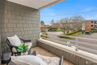 Private covered patio accessible from the living room and primary bedroom