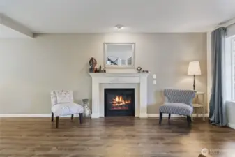 Cozy gas fireplace with large window looking out towards the front of the home.