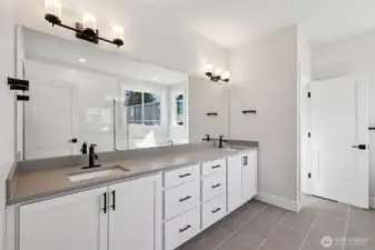 Primary bath with dual vanity and private toilet closet.