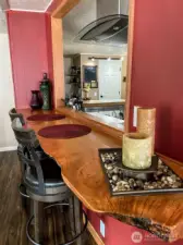 Close up of the live edge eating bar