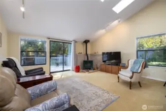 Propane fired free standing stove/fireplace with sliding glass door leading you onto the deck