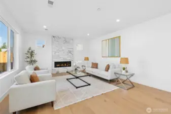 Cozy electric fireplace with custom tiles