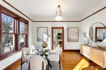 The dining room is spacious enough for a large dining table and buffet.