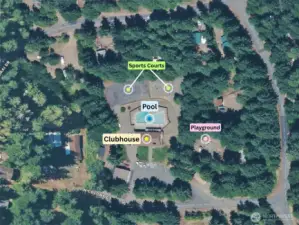 Overhead view of clubhouse and amenities.