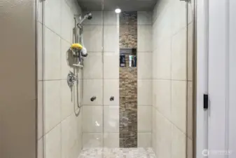 Primary Bathroom Fully Renovated with Low Curb Shower and Custom Glass Door plus Danze Shower Fixtures/Regulator