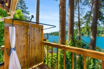 Outdoor shower on the deck, enclosed with wood paneling, large shower curtain, modern shower head, and forest backdrop.