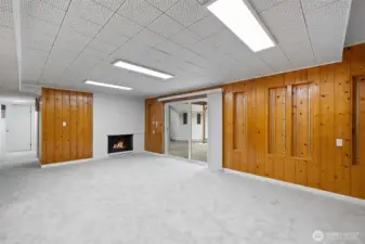 Lower level wood burning fireplace, art niches in the walls and a sliding door to the spacious back yard and giant storage shed.