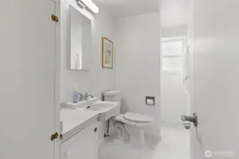 Lower level 3/4 bathroom, shower in the back left.