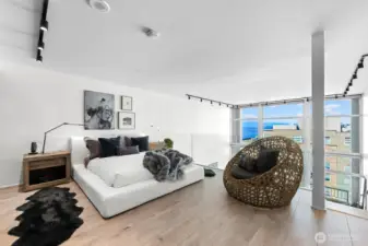 The expansive primary bedroom is filled with abundant natural light