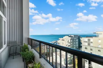 Breathtaking views from the penthouse's balcony: the Olympic mountains, Puget Sound and spectacular sunsets
