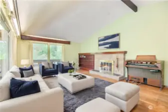 Virtually stated living room with gorgeous hardwood floors, fantastic fireplace and floor to ceiling windows!