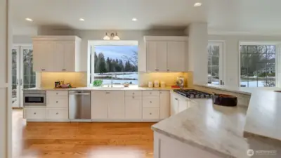 Undercabinet lighting, pull-out drawers, and Venus Leathered Quartzite stone counters make cooking a dream