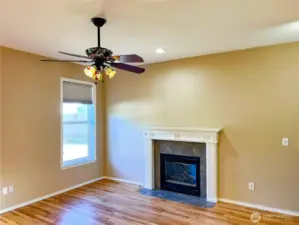 Propane fireplace adds cozy ambience to the family room.