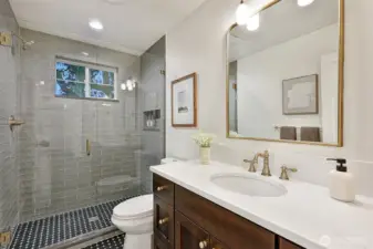 Primary bath with tile radiant heat floors.