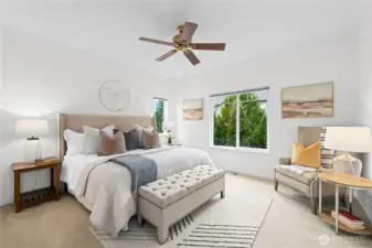 The ensuite primary bedroom is quite spacious with a northwest orientation.