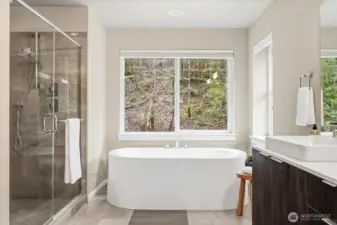 A serene, light-filled setting where a deep soaking tub and walk-in shower create a true retreat experience.