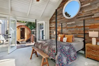 French doors lead to the  4 person sauna - perfect for those fall and winter days.