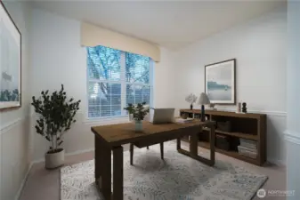 This spacious den/office is a serene place to work or relax and could easily function as a third bedroom with its closet. Virtually Staged.