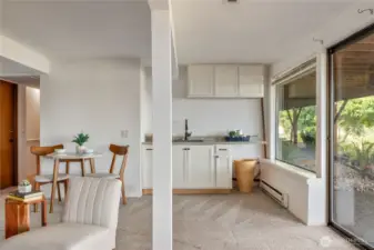 Cabinets and sink in lower level living space.