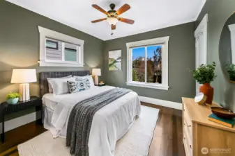 Main floor bedroom overlooks backyard and is freshly painted.