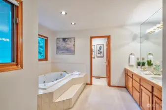 Ensuite bathroom with jacuzzi tub & double sinks. Room with toilet & shower off the main bathroom space.