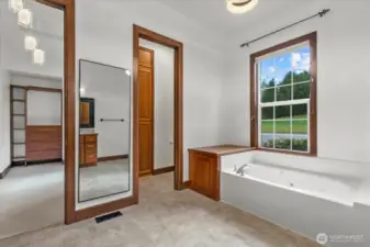 Jetted bathtub, water closet and entry to one of the walk-in closets.