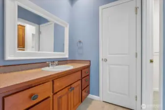 One side of the Jack and Jill bathroom with a walk-in closet on the right.