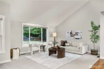 Bright and spacious living room with new carpeting