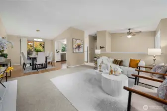 Open floor plan seamlessly connects the living room to the spacious kitchen & dining area.