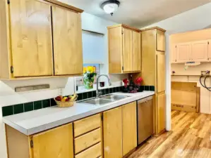 Lots of cabinets in kitchen and window to look at the backyard