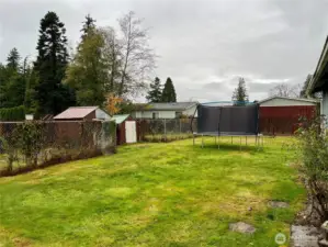 Fenced backyard and separate fenced dog run with outbuildings