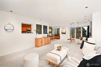 Window from kitchen opens up to living area