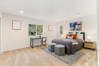 3rd bedroom, large corner bedroom with built in closet shelving