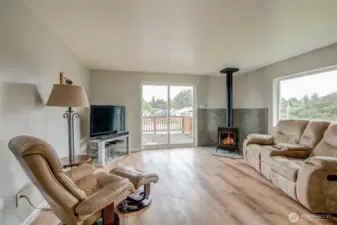 Spacious living with cozy propane stove overlooking the Grand Canal