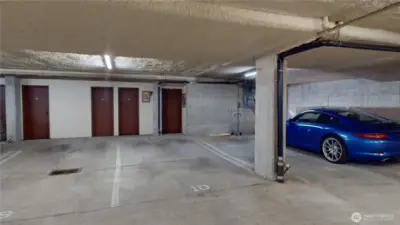 Secure, garage parking and storage area.