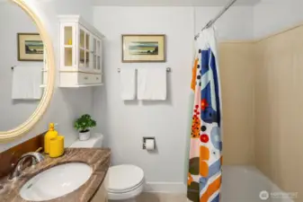 The full bathroom that sits off the hallway between the two spare bedrooms.
